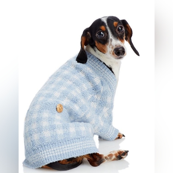Bloomingdales Aqua light blue plaid gold buttons dog Cardigan sweater xs & s NWT - Picture 2 of 6